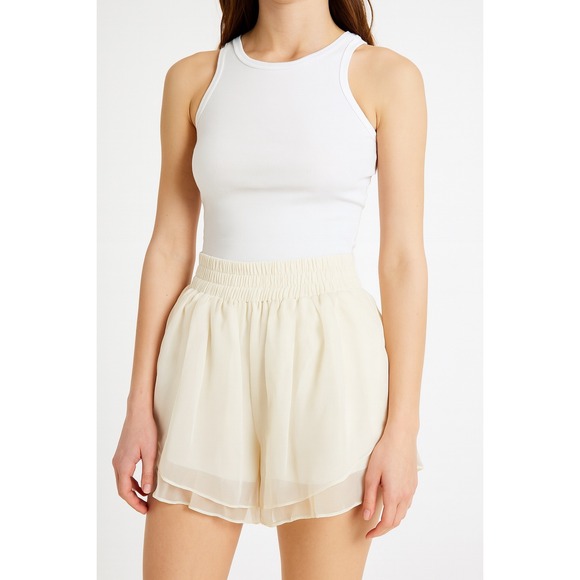 White Chiffon Ruffle Shorts Elastic Waist Lightweight Flowy‎ Comfy Small - Picture 1 of 5